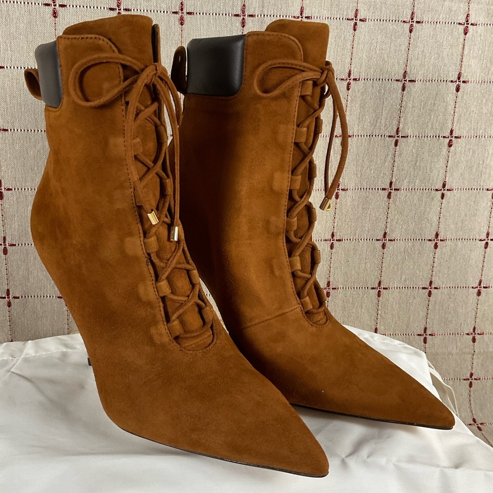 Good American “Scandal” Lace Up High Heel Booties Stiletto Ankle Boots Sz 7.5 - Picture 2 of 8